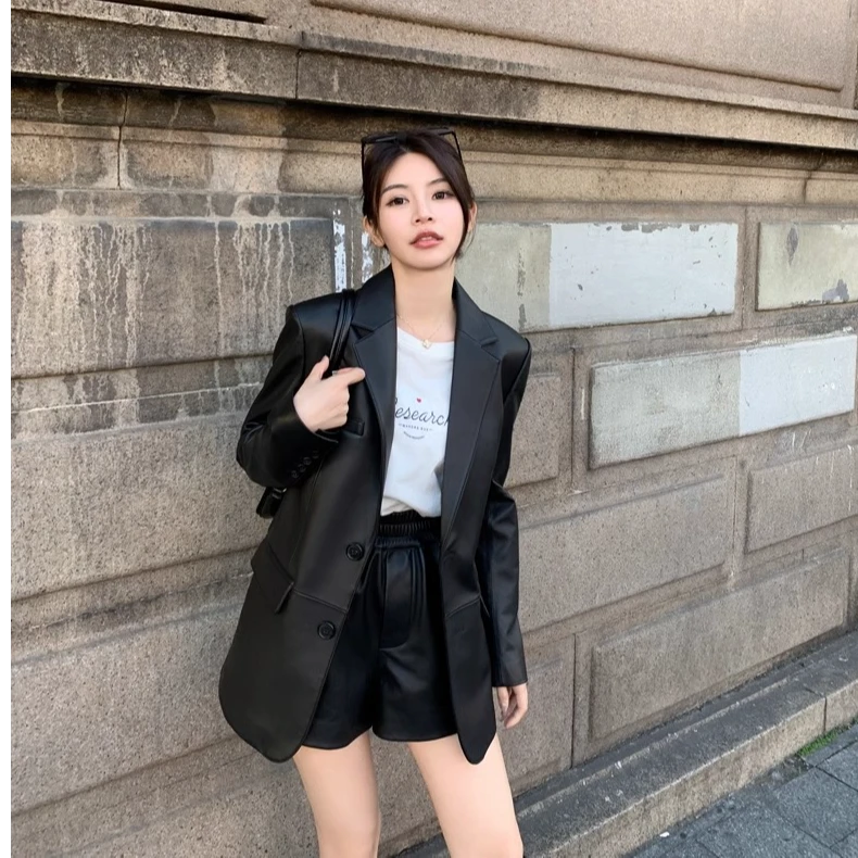 PU皮衣外套女2025秋冬新款韩版宽松休闲气质复古小西服黑色西装
