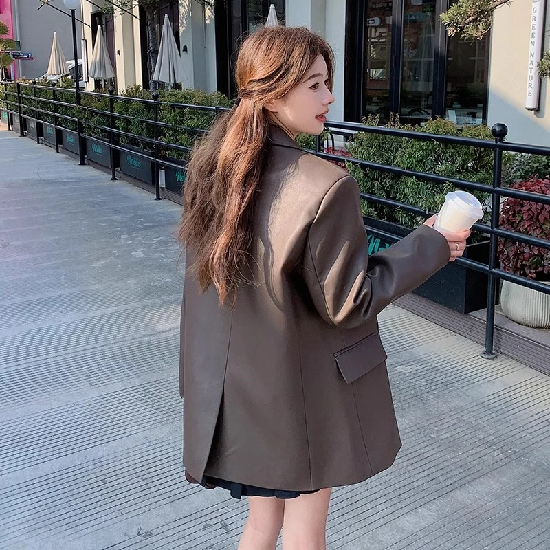 棕色皮衣女秋季2025新款韩版宽松爆款高级感炸街PU皮西装外套