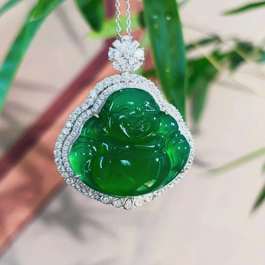 天然玉髓通体S925银满绿佛公吊坠富婆气质轻奢镶嵌珠宝项链