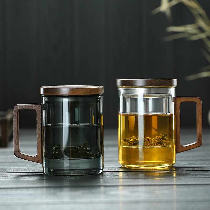 玻璃茶杯耐高温茶水分离泡茶杯烟灰色过滤办公室喝水杯木把茶道杯