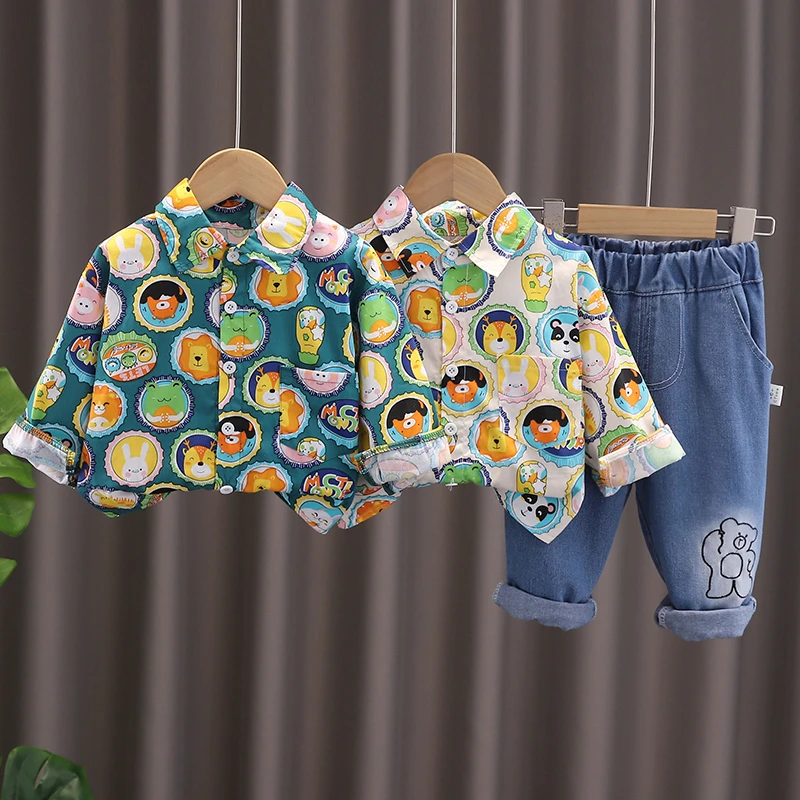 男童秋装衬衣套装2024新款洋气宝宝春秋季婴儿童帅气衬衫两件套潮