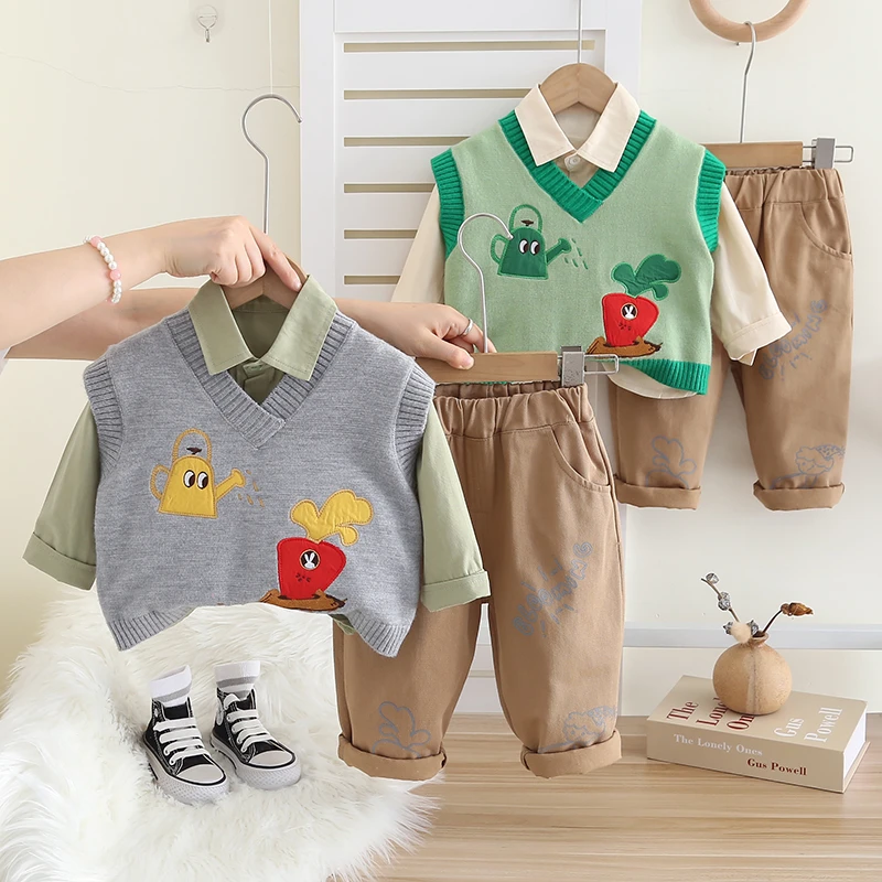 男童春装套装2024新款儿童春秋季休闲毛衣马甲三件套宝宝洋气卡通