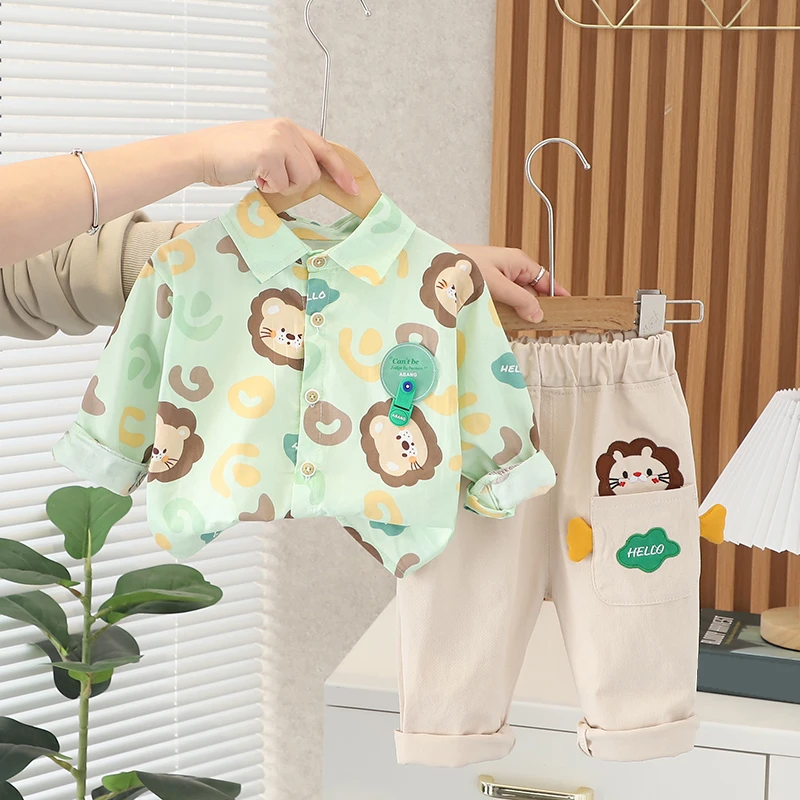 男童春秋套装2023新款中小儿童装韩版洋气衬衫孩子炸街痞帅两件套