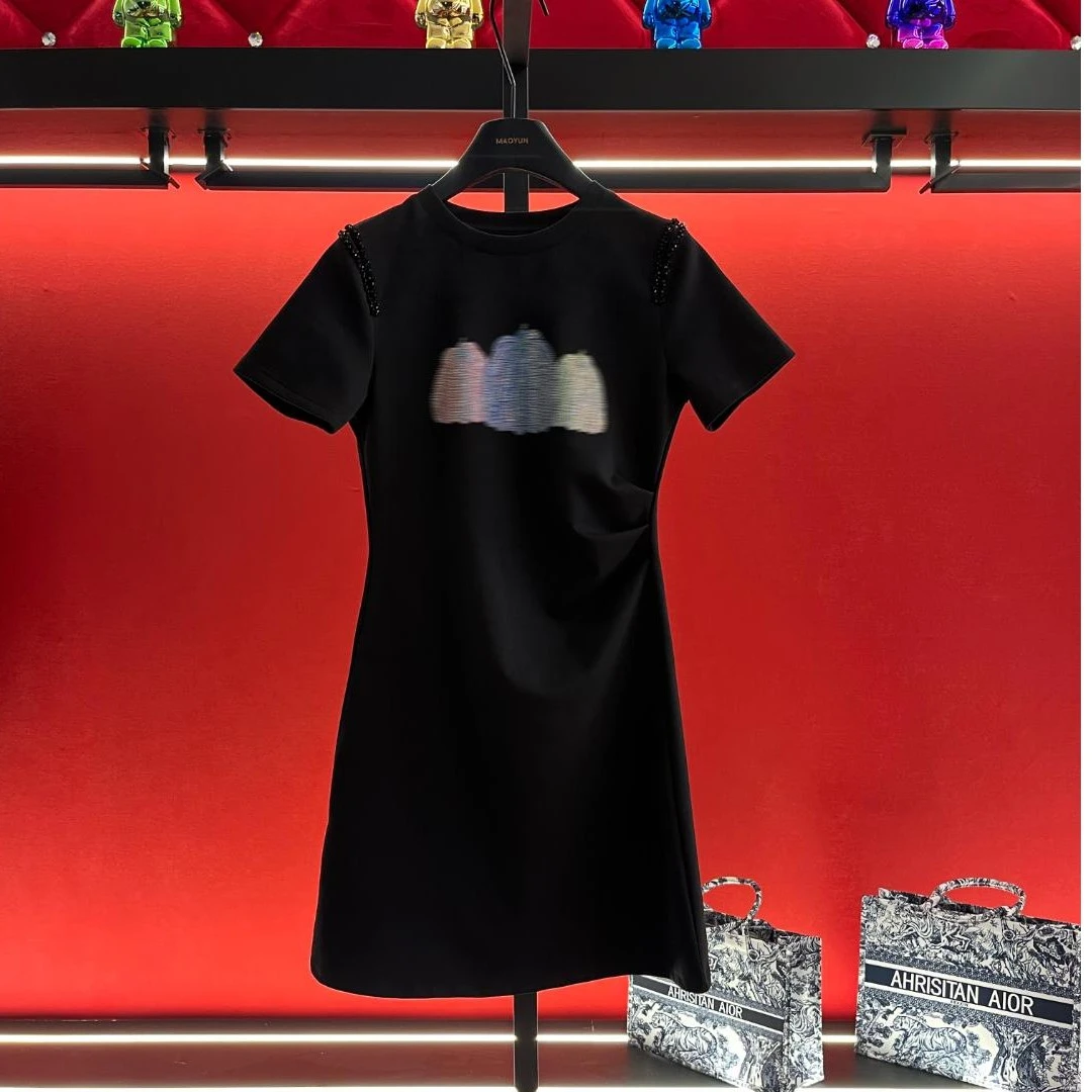 2025重工珍珠钉钻圆领短袖连衣裙中长款A字裙子显瘦