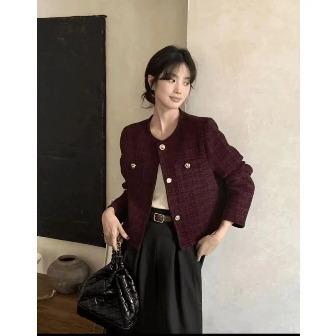 法式高级感绒面质感不规则金扣设计圆领小香短外套女