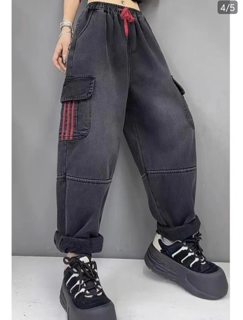 贴口袋加绒牛仔长裤女K1141