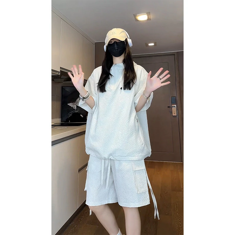 宽松休闲网红洋气套装男女同款短袖连帽衫夏季速干薄款短裤两件套