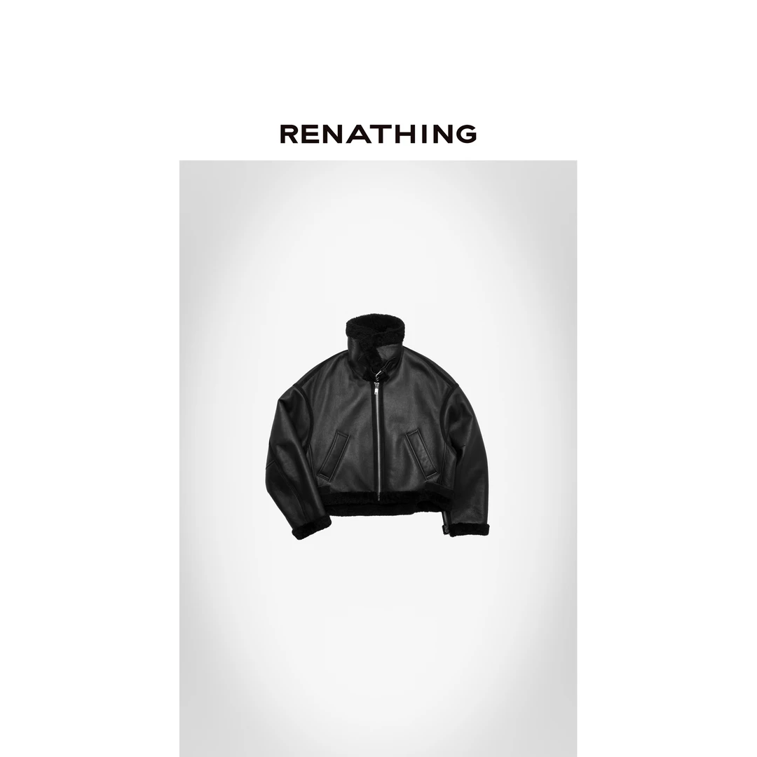 【RENATHING】黑色翻领毛绒夹克外套
