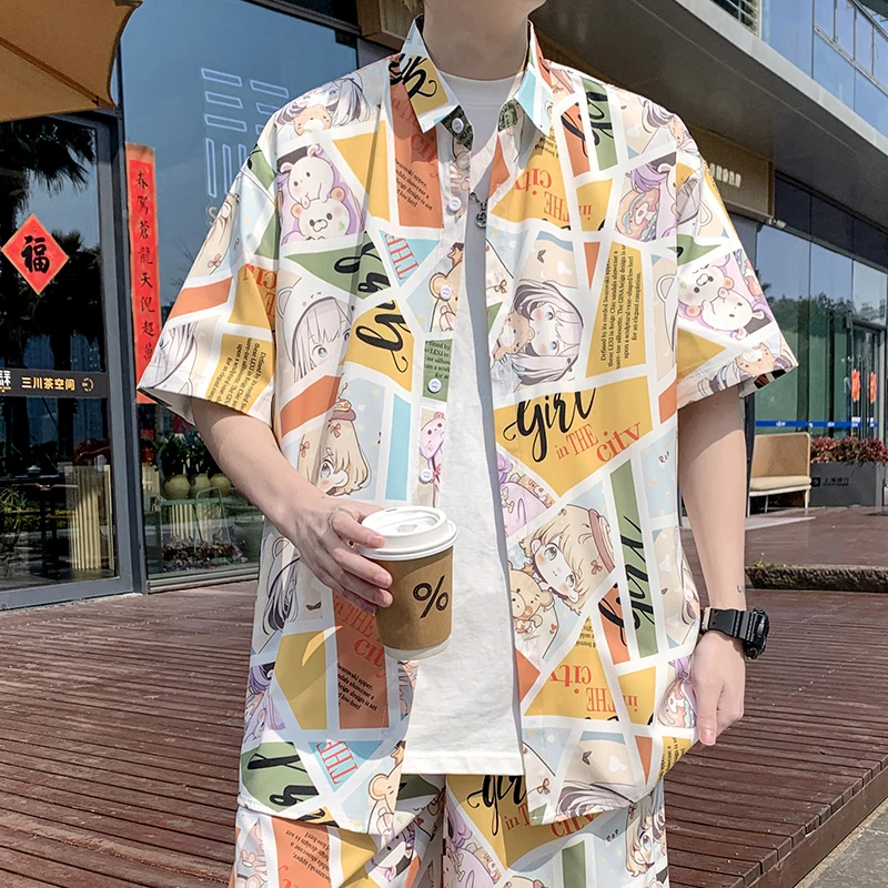 短袖衬衫男士夏季潮牌复古休闲大码冰丝宽松薄款情侣日系衬衣外套