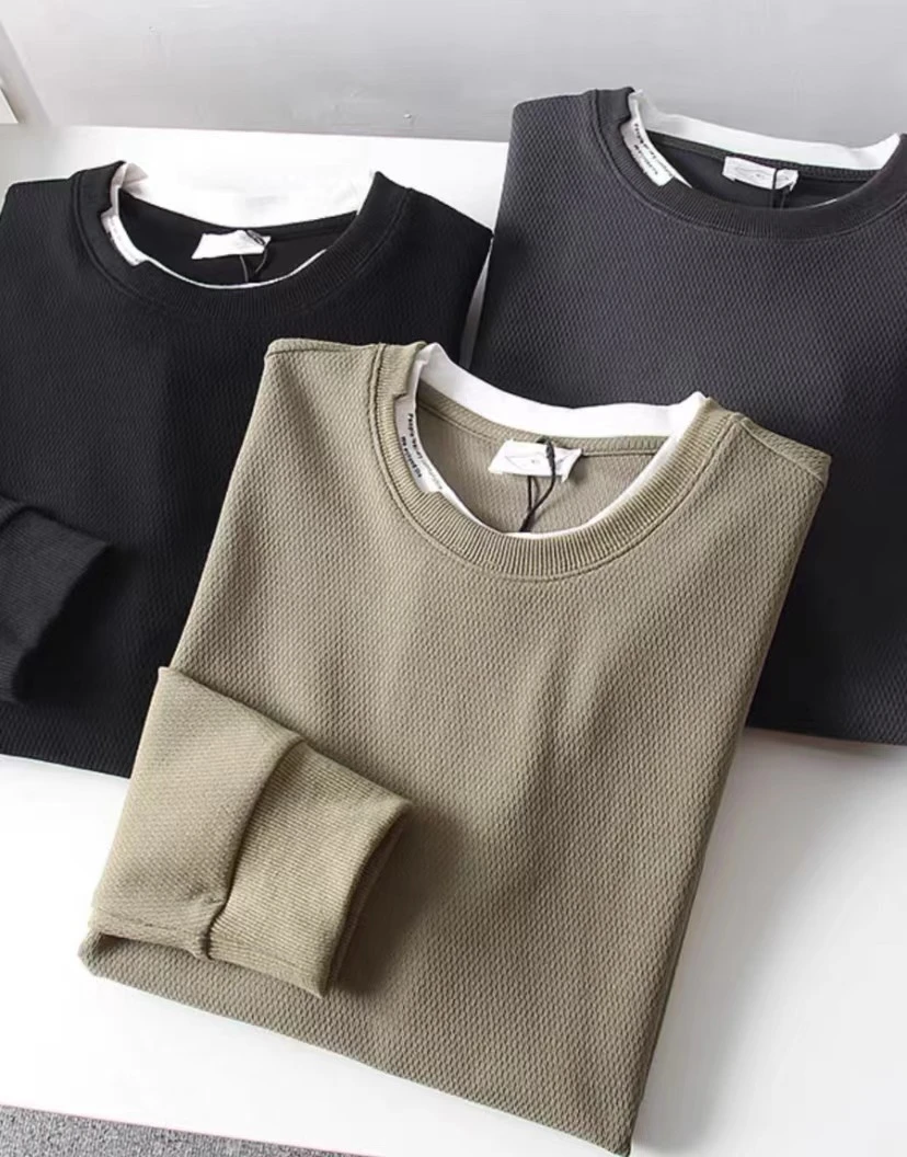 华夫格加绒假两件圆领卫衣