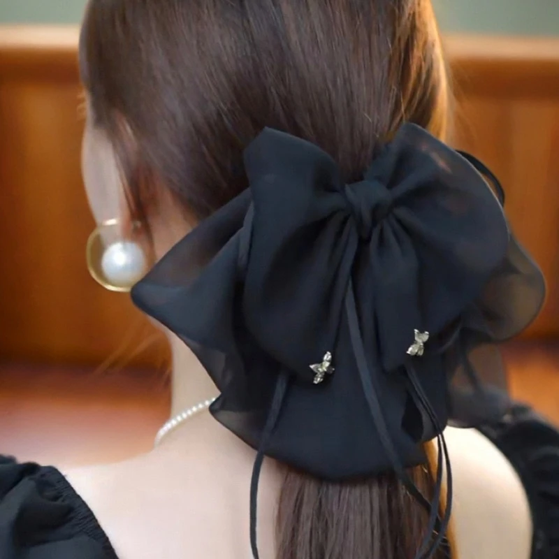 减龄新款法式蝴蝶半扎发黑色飘带气质时尚网纱轻奢抓夹鲨鱼夹发饰