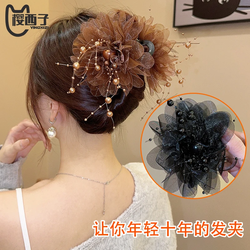 2024新款牡丹花羽毛流苏发夹后脑勺显发量鲨鱼夹抓夹女发卡头饰