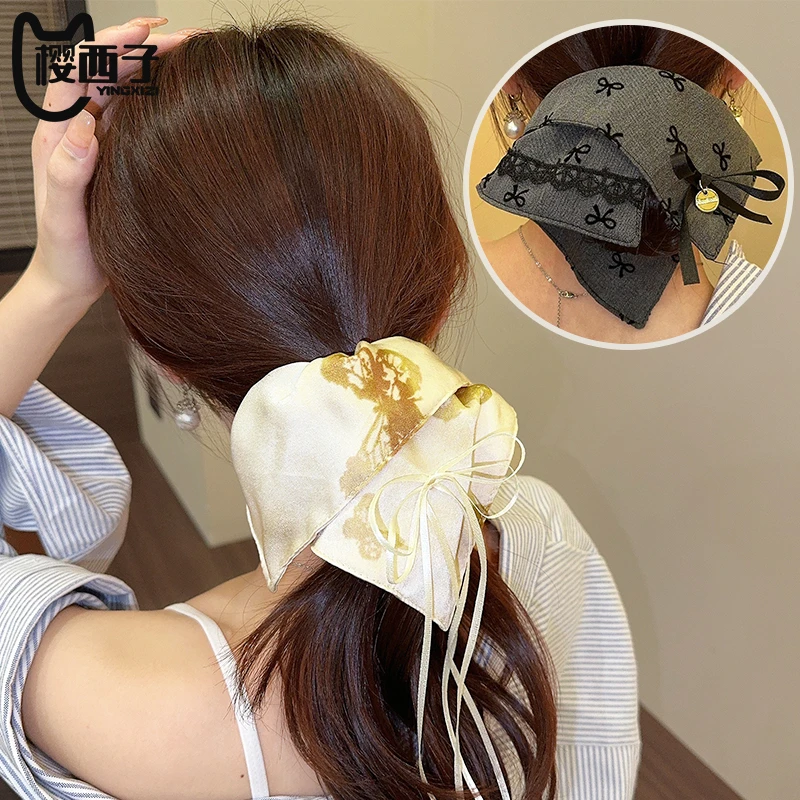 国风新中式水墨蝴蝶方巾大肠发圈方形发绳麦穗流苏头绳扎头发皮筋