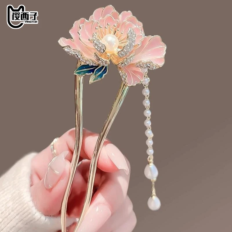 国风牡丹花流苏珠珠U型发簪超仙日常度假风新中式后脑勺ins盘发簪
