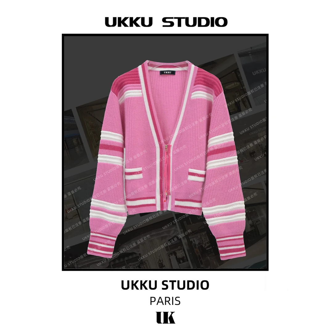 丹丹【UKKUSTUDIO】潮牌时尚撞色条纹V领开衫宽松慵懒上衣213121