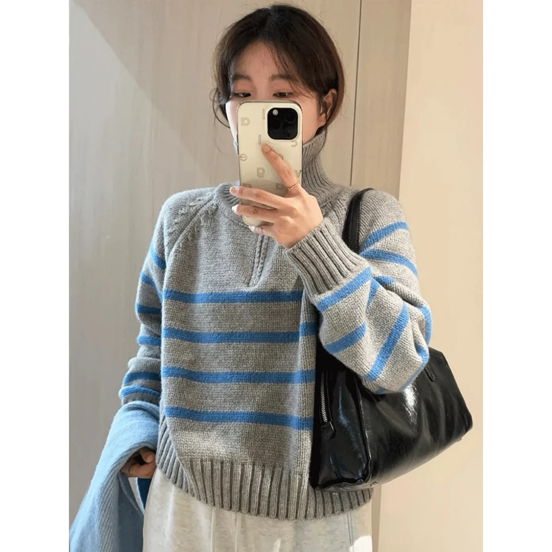 韩国鸡蛋家半拉链条纹毛衣