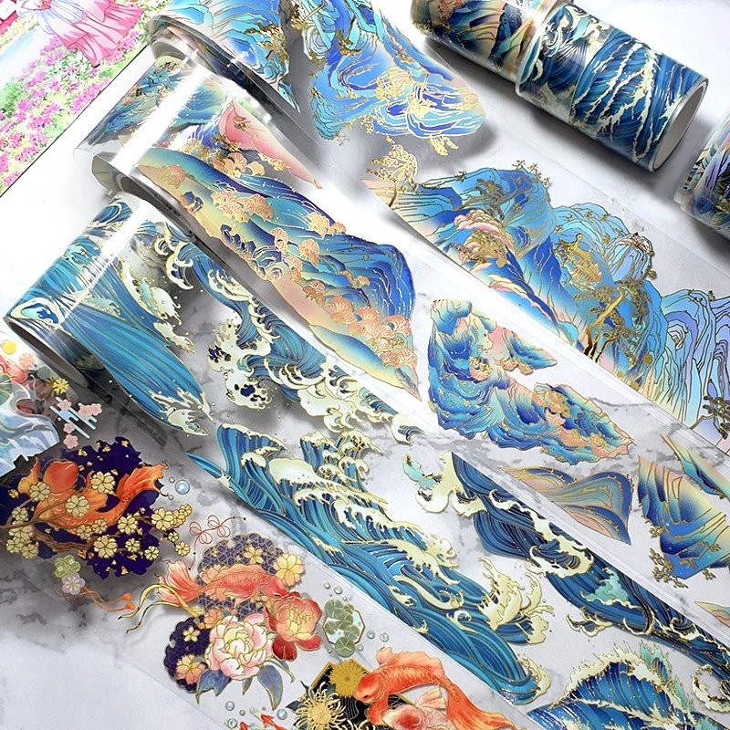 古风造景手帐胶带pet 烫金镭射装饰拼贴素材国风手账贴纸