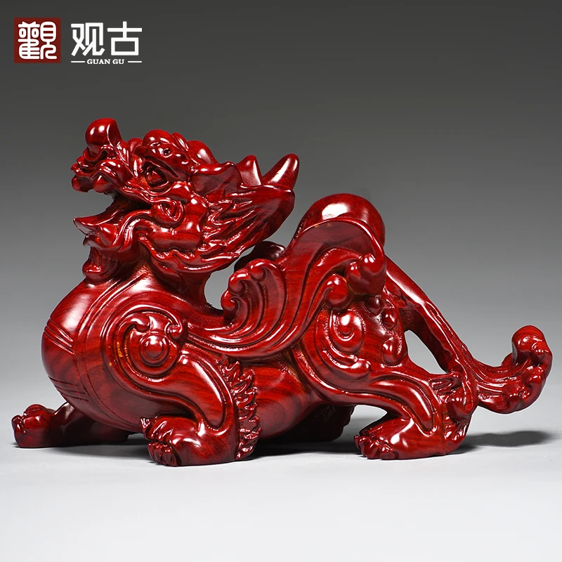 红色木雕摆件貔貅摆件一对实木家居电视柜装饰工艺品开业乔迁送礼