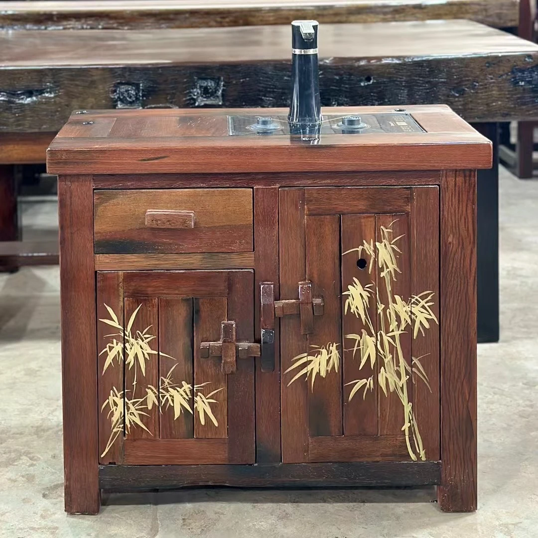 老船木铁梨木茶水柜双用款多功能茶叶储物柜实木手绘轻奢柜子