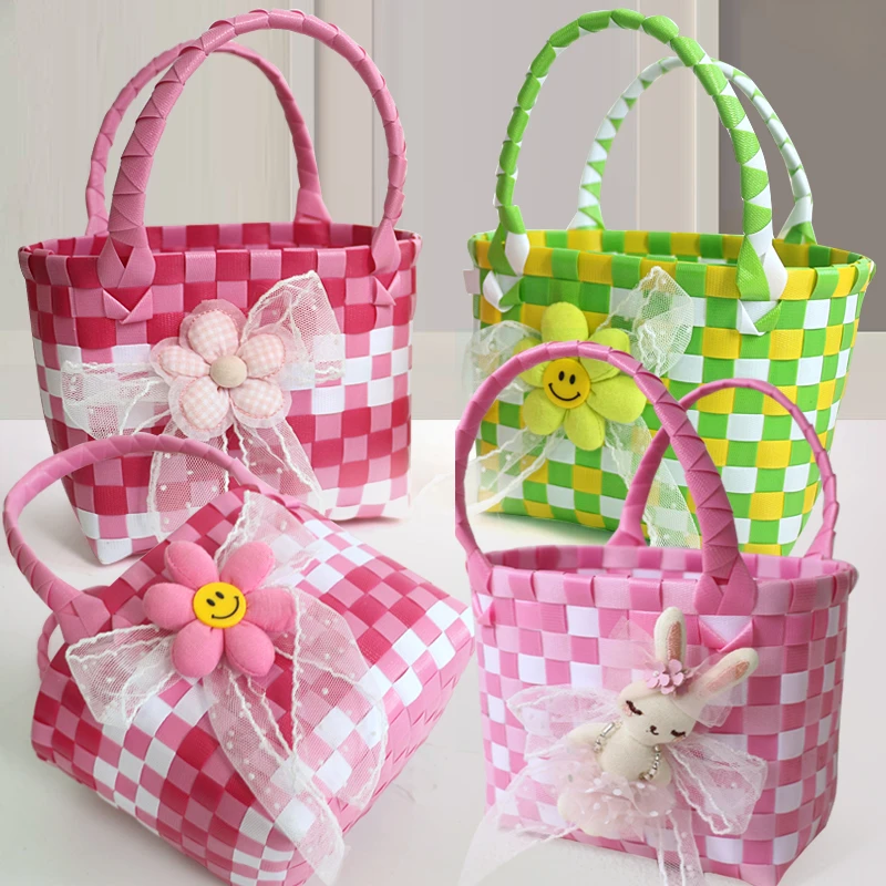 手工彩虹编织袋伴手礼手提篮子幼儿园小朋友满月百天可爱高级礼品