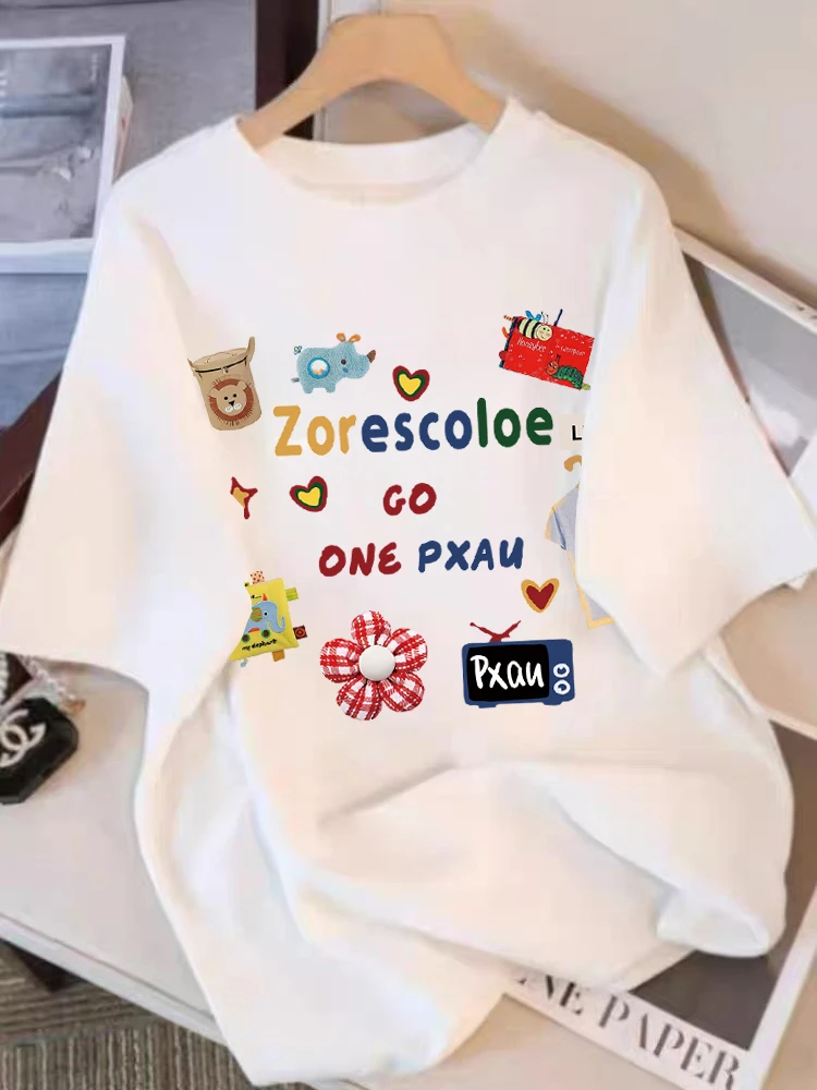 纯棉圆领短袖T恤女2024夏季新款复古宽松显白短袖可爱上衣潮