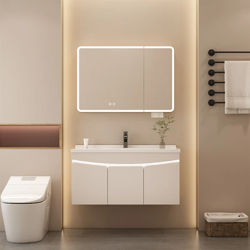 【达人专属】陶瓷一体盆d03奶油色浴室柜组合卫生间洗漱台