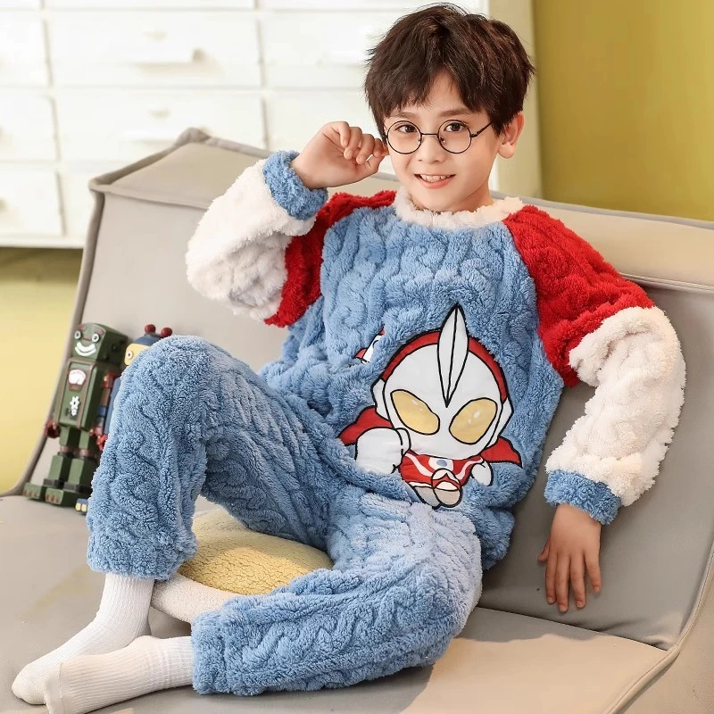 男童睡衣秋冬季珊瑚绒加绒加厚2024新款儿童法兰绒男孩冬款奥特曼