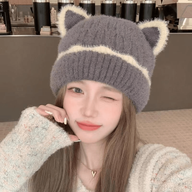 猫耳朵毛线帽子女秋冬季加绒保暖产后月子帽百搭可爱显脸小针织帽