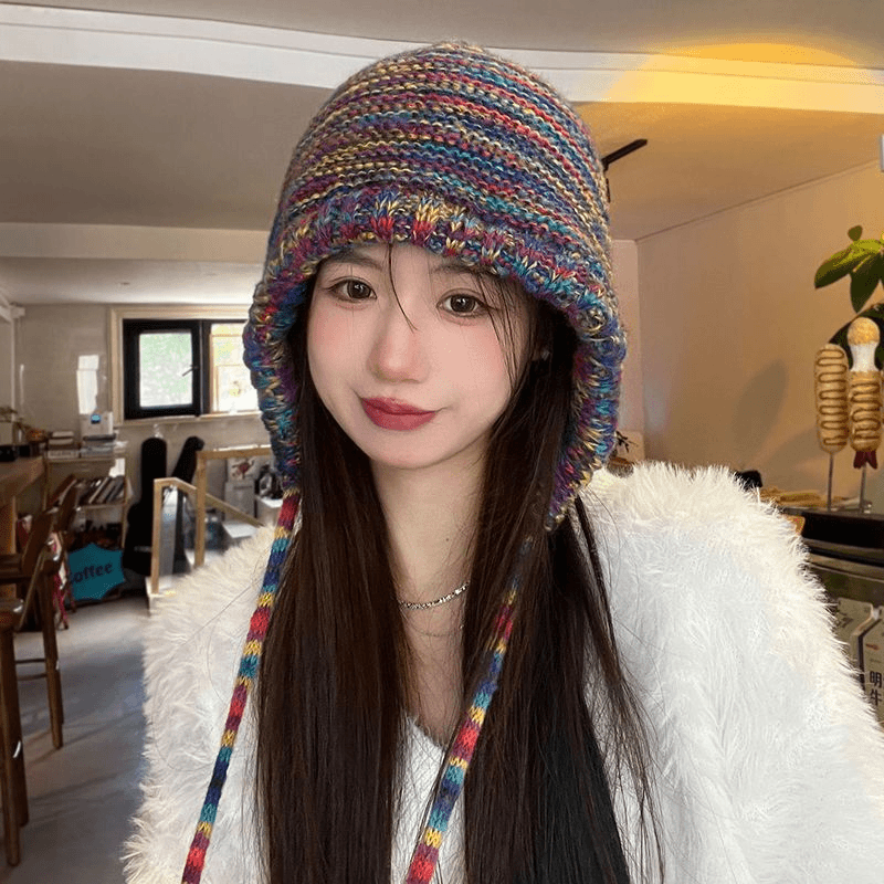 彩虹渐变护耳毛线帽女秋冬季潮显脸小韩版针织绑带彩色包头帽保暖