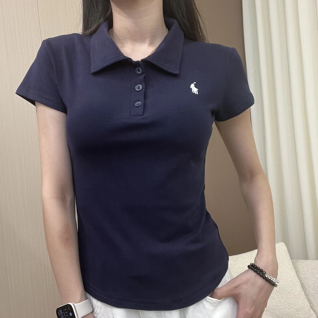 2024款夏季显瘦POLO领小马刺绣正肩短袖T恤女装休闲上衣日常百搭