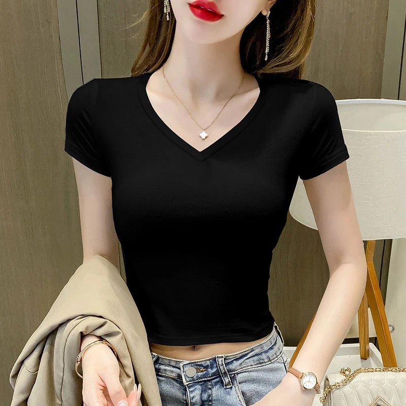 黑色V领露脐短袖高腰短款T恤女春游ins潮小个子百搭老钱风女装