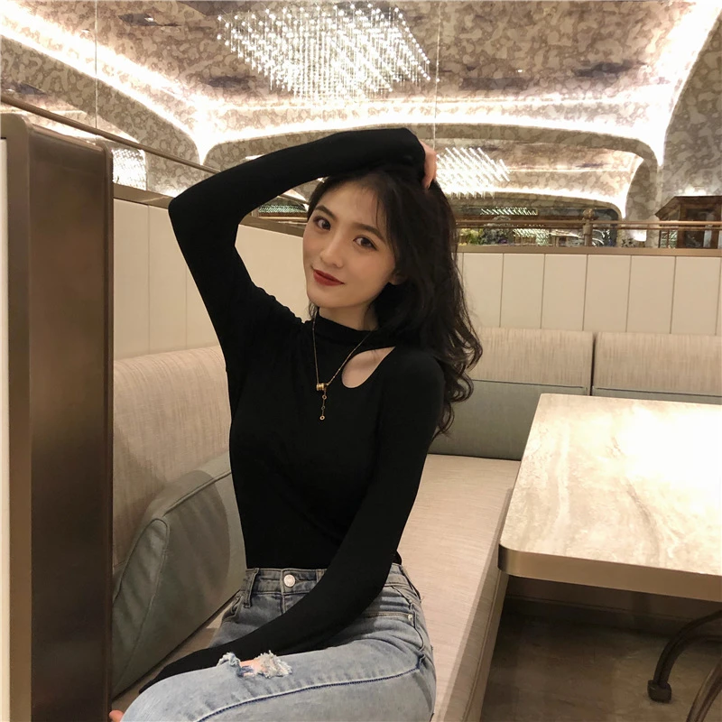 半高领螺纹打底衫女秋冬洋气内搭修身小心机上衣露锁骨长袖T恤潮