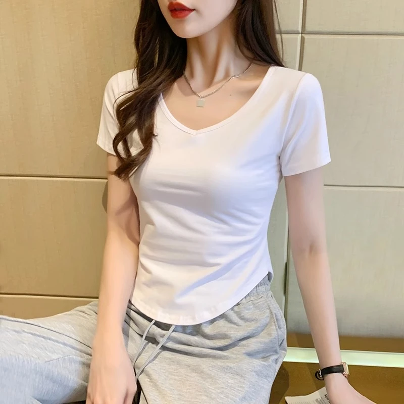 白色短袖t恤女v领2024夏装修身显瘦体恤小众设计弧形下摆内搭上衣