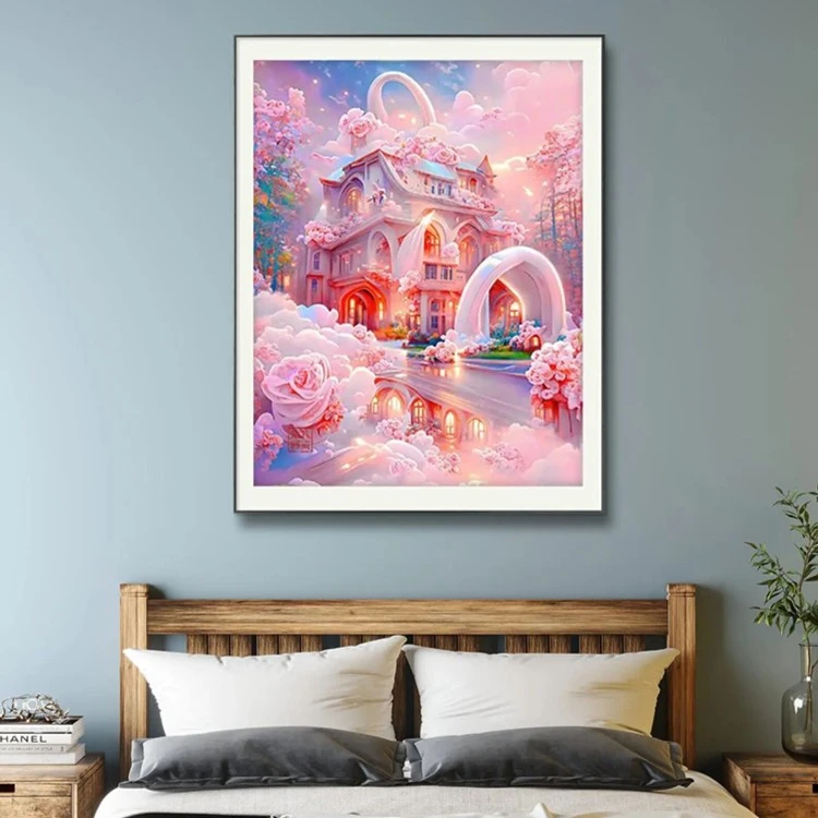 唯美粉色玫瑰城堡风景钻石画2023新款小幅贴钻十字绣客厅卧室满钻
