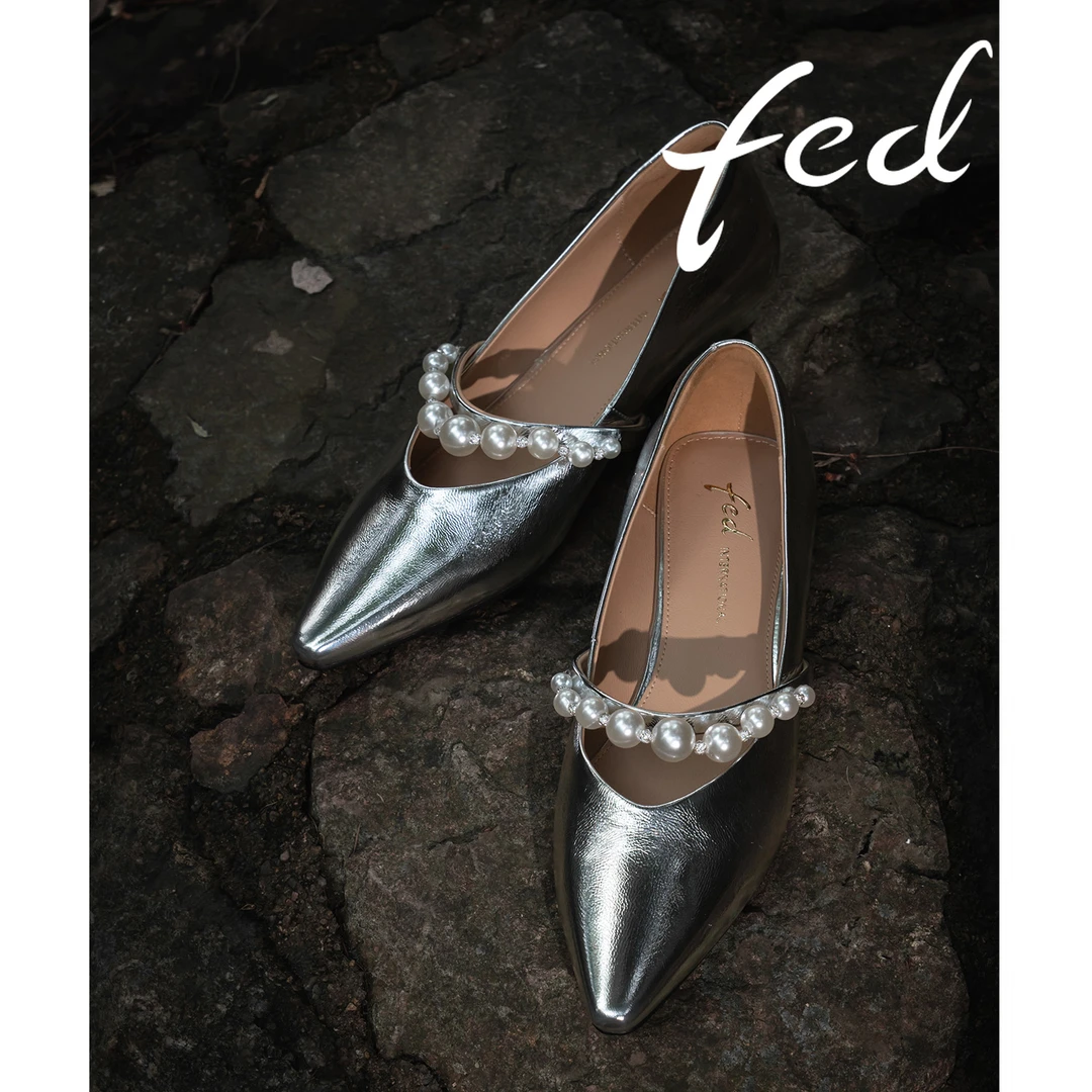 【福利款】FED春夏气质时尚浅口中跟尖头平底鞋真皮女百搭DAH0057