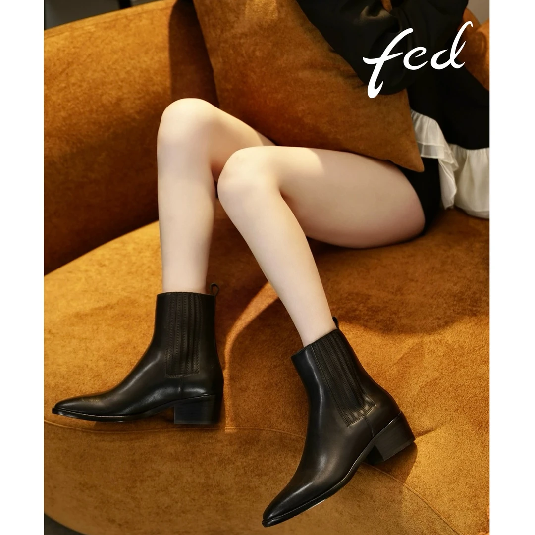【反季清仓】FED女鞋新款秋冬气质手工舒适牛皮切尔西靴DDH0161