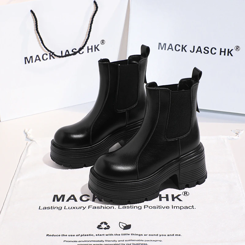 香港MACKJASCHK马丁靴女2024秋季新款厚底内增高11CM英伦风短靴女