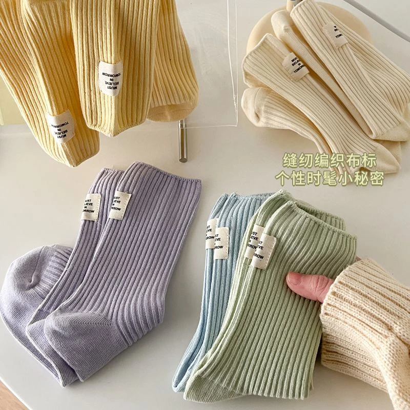 袜子女中筒新款竖条纯色棉后侧布标日系韩版ins潮百搭诸暨堆堆袜
