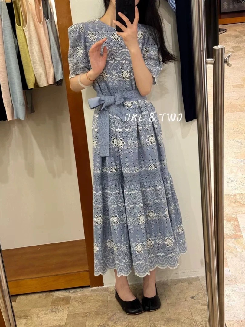 韩版绑带连衣裙女印花衬衣裙夏季显瘦收腰系带中长女装连衣裙