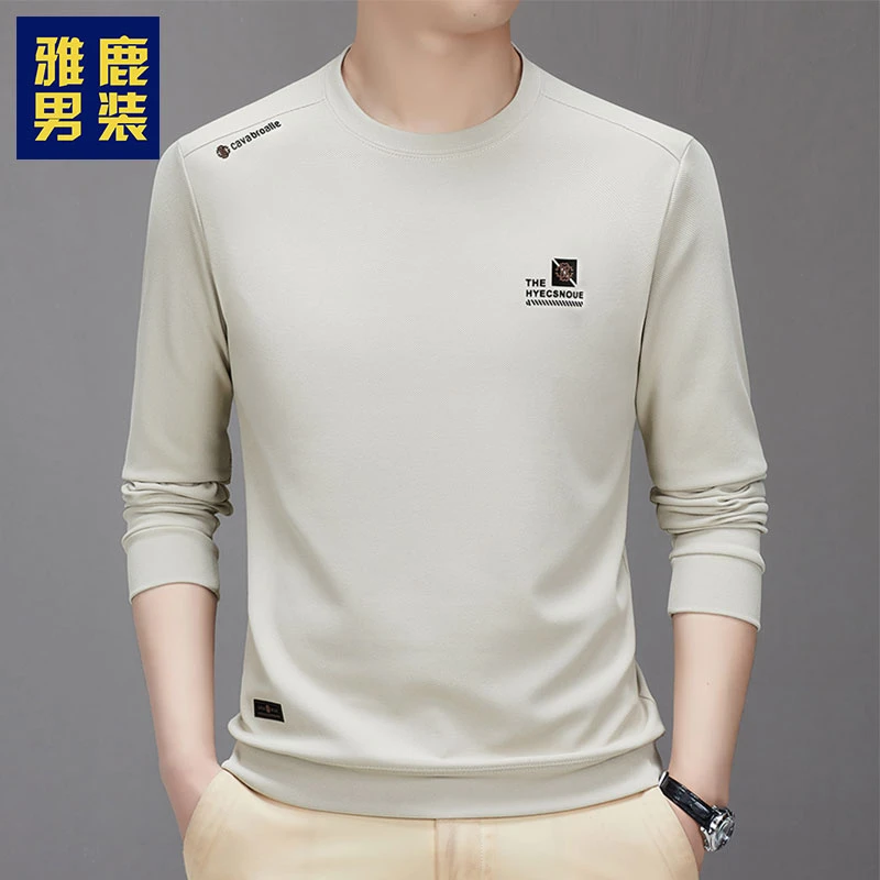 雅鹿男装正品高档T恤春秋套头卫衣男士长袖新款圆领休闲上衣宽松