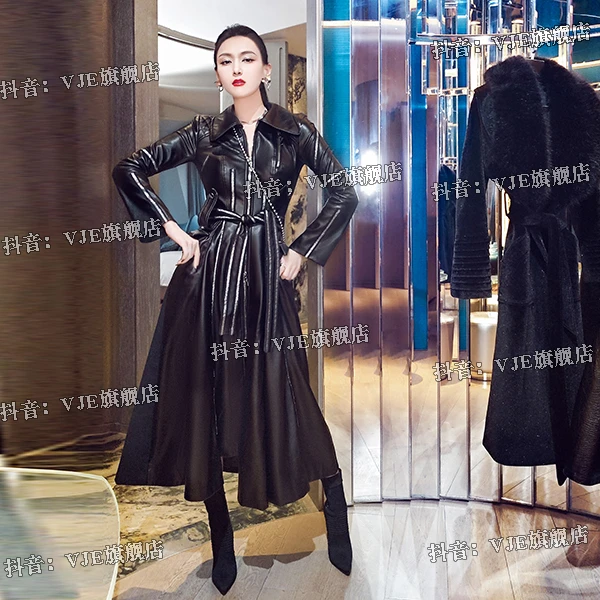 型色缤纷风衣外套女时尚秋冬新款收腰显瘦重工皮帅气长款大衣