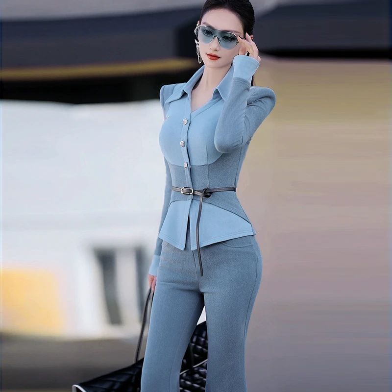 初秋假两件拼接衬衫喇叭裤两件套2024秋季干练减龄辣妹风套装