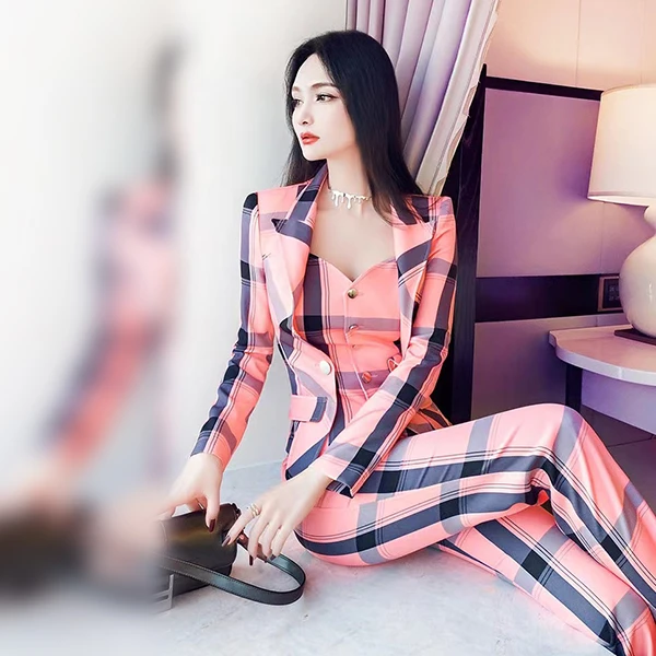 VJE设计感减龄格纹假两件西装长裤两件套早秋收腰显瘦套装