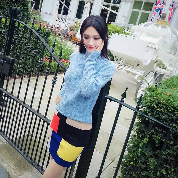 型色缤纷秋冬装新款女裙套装性感气质拼色半身包臀短裙针织衫上衣
