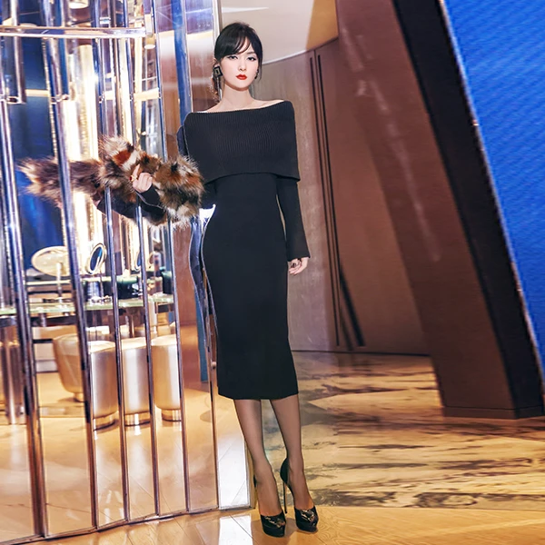 型色缤纷秋冬针织女装打底裙新款黑色修身中长款过膝连衣裙