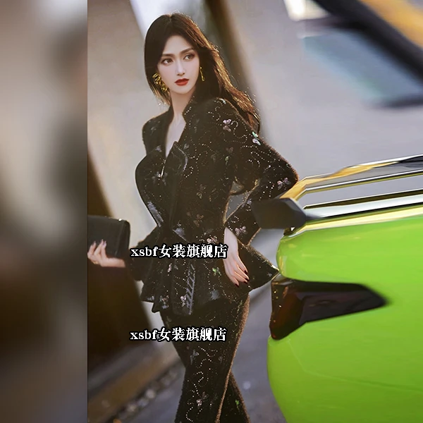 冬季加厚毛呢蝴蝶珠片绣小裙摆套装2024新款上衣微喇叭裤两件套