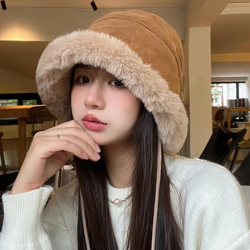 毛绒挂绳渔夫帽美拉德冬季款加厚保暖盆帽防风子画家帽秋冬护耳帽