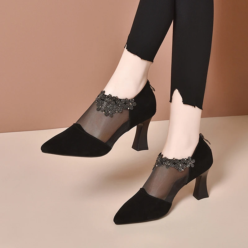 气质磨砂尖头粗跟深口夏季凉靴女2025春秋新款水钻网纱镂空高跟鞋