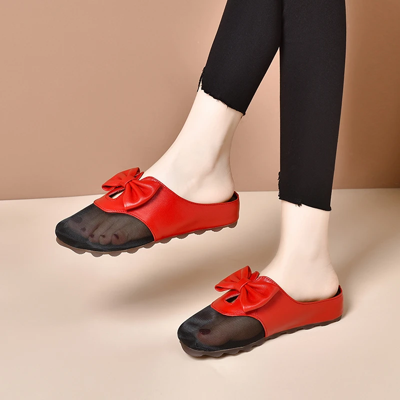 平底网纱蝴蝶结拖鞋女夏季外穿2025新款厚底凉拖女包头软底半拖鞋