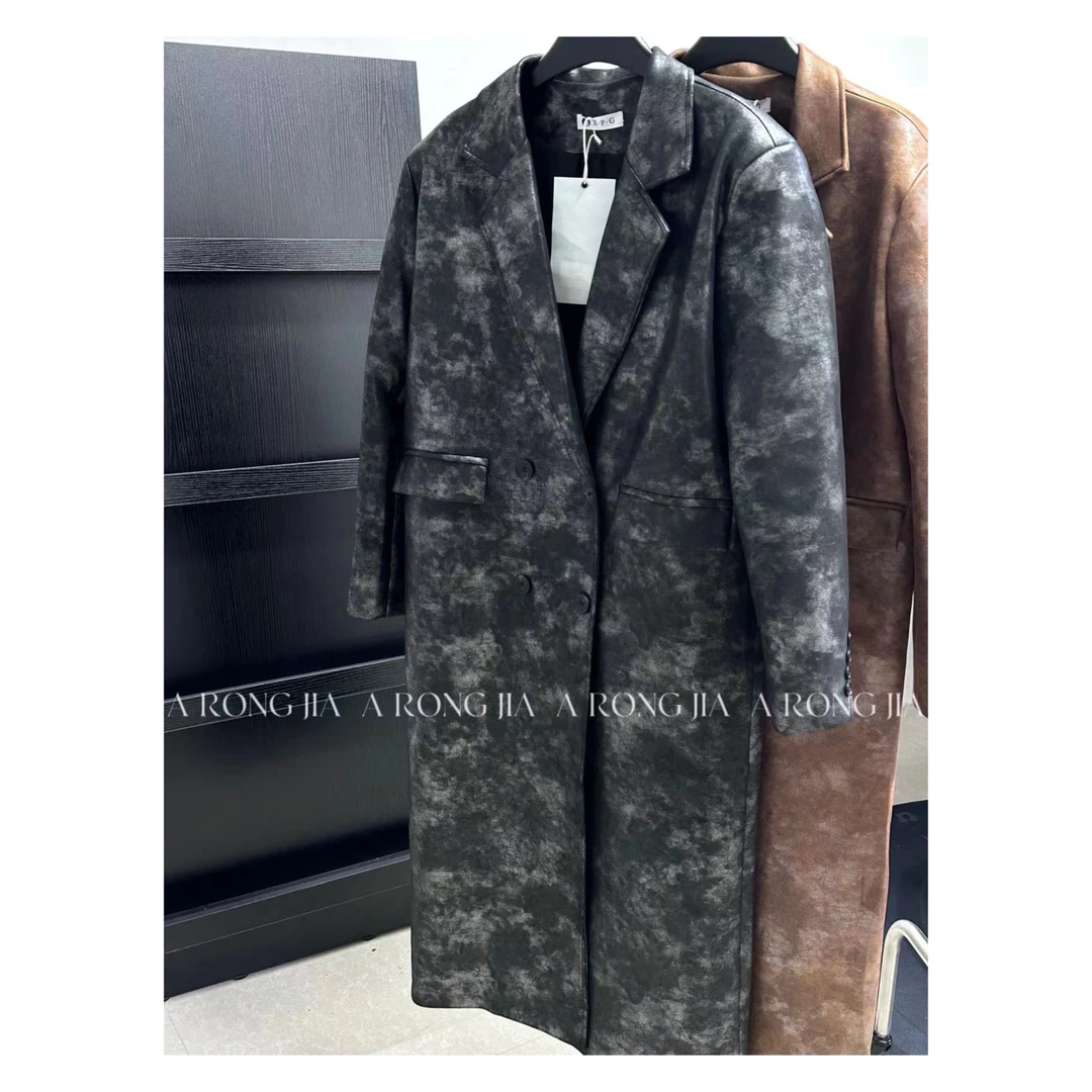 秋季时尚复古高级感插色做旧中长款pu皮风衣别致外套女-03638